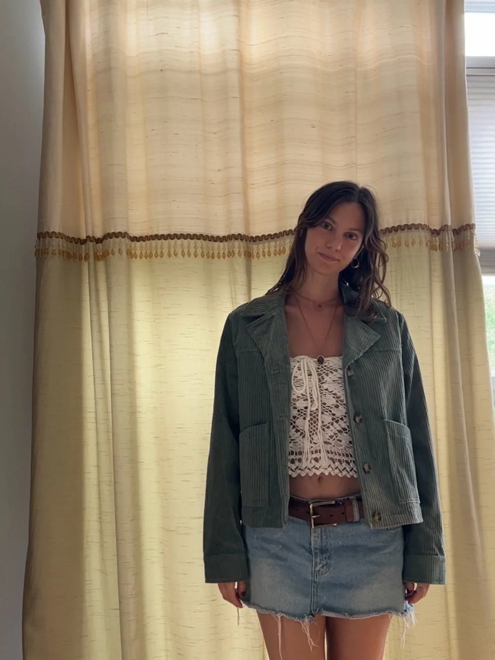 Free People Olive Green Corduroy Cropped Jacket